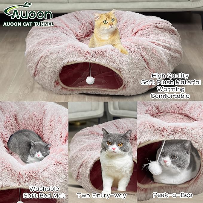 AUOON Cat Tunnel Bed with Central Mat,Big Tube Playground Toys,Soft Plush Material,Full Moon Shape for Kitten,Cat,Puppy,Rabbit,Ferret (Light Pink)