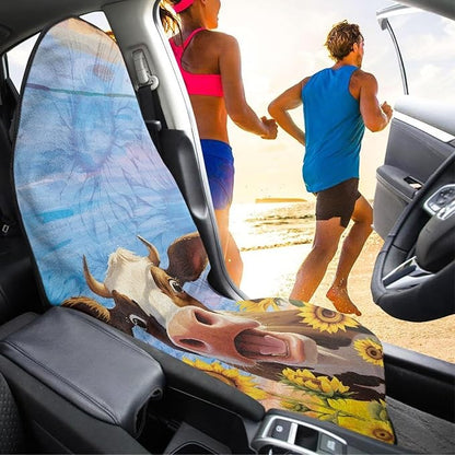 Cow Sunflower Sweatproof Towel Car Front Seat Cover Non-Slip Bucket Seat Protector Easy to Install for Athletes