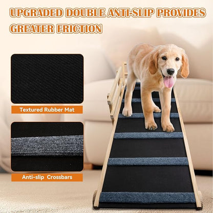 Wooden Dog Ramp for Bed - 5 Level Adjustable Wooden Ramp for Dog Extra Wide Doulbe Anti-Slip Dog Ramp for High Bed 17.7 Inches in Width