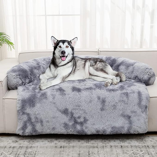 Syalife Shaggy Plush Calming Dog Couch Bed Pet Protector Cover(50"x39"x8", Grey/White)
