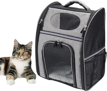 FluffyDream Cat Backpack, Dog Carrier Backpacks, Foldable Backpack, Ventilated Design, Up to 15.4 lbs, Backpack for Camping Traveling Hiking Outing, Grey, Black, Large (PTCARIERBACKPK01GV1)