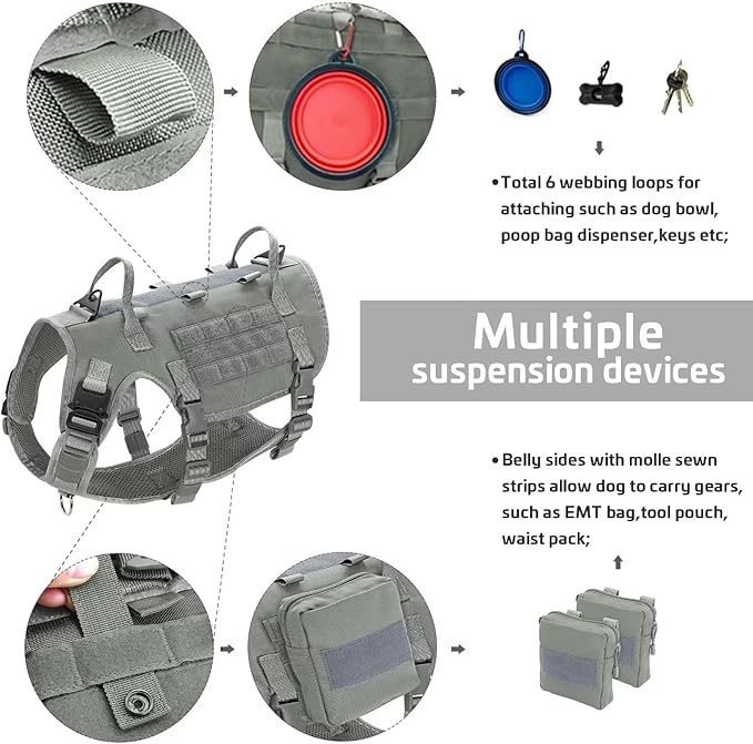 Forestpaw Tactical Dog Harness for Large Dogs,Tactical Dog Collar with Bungee Leash Set,No Pull Military Dog Harness for Dog Walking Training,Adjustable for Medium Large Dogs,Gray M