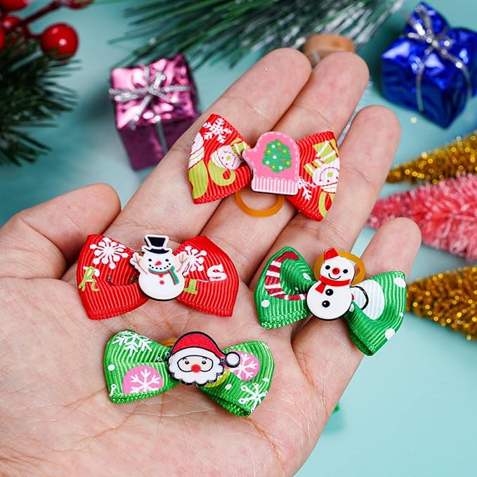 Tongcloud 20pcs Pets Dog Hair Bows for Christmas with Rubber Bands Dog Bows Bowknot Snowman Christmas Dog Bows Snowman Dog Bows(Red and Green