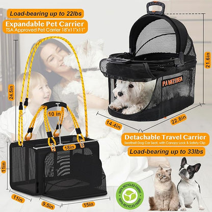 PAWZIDEA Double Pet Stroller for 2 Cats Dogs Small & Medium, TSA Airline Approved Cat Carrier Expandable, Cat Stroller with Removable Carrier Bag, 2 Dog Stroller Detachable Carrier, Travel Car Seat