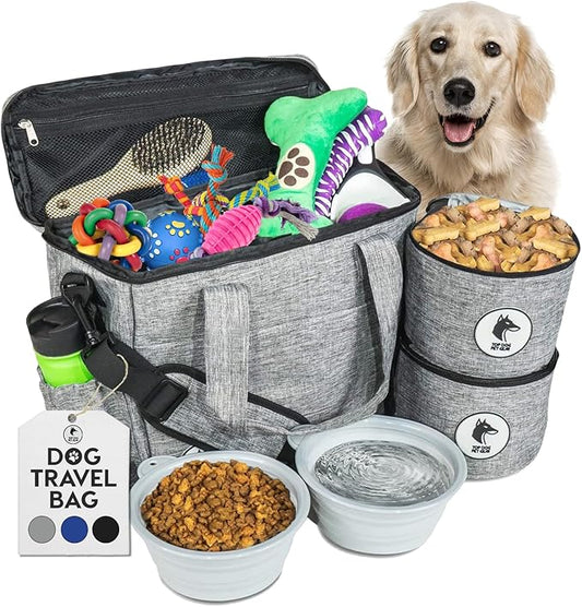 Grey Dog Travel Bag for Supplies - Includes Travel Bag, Travel Dog Bowls, Food Storage - Airline Approved Dog Bags for Traveling - Dog Travel Accessories for Camping, Beach