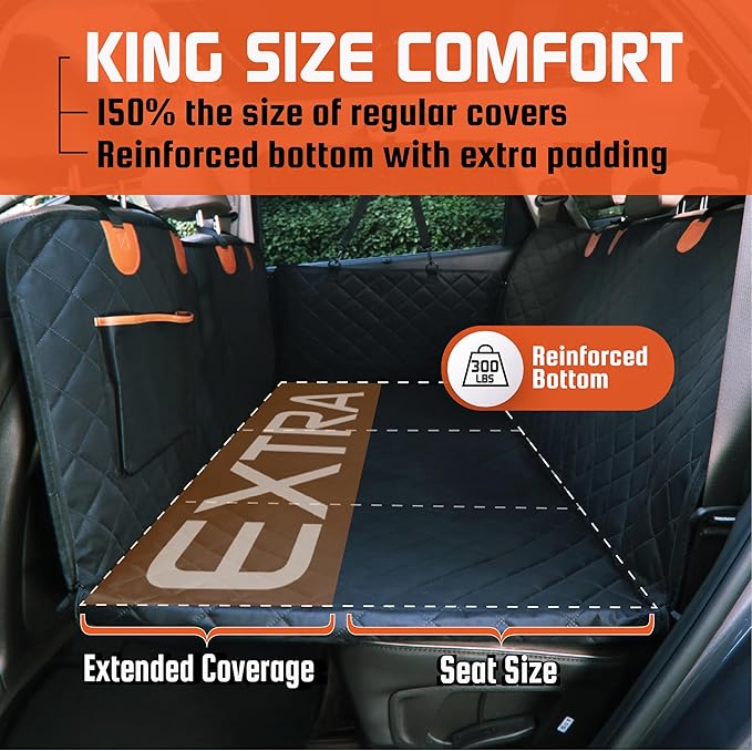 Large Backseat Cover for Dogs. Car Seat Extender with Hard Reinforced Bottom & Mesh. Heavy Duty Hammock. Large Side Flaps- Full Car/SUV Protection- Doors