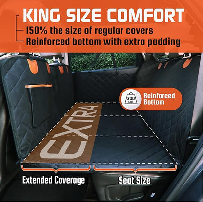 Large Backseat Cover for Dogs. Car Seat Extender with Hard Reinforced Bottom & Mesh. Heavy Duty Hammock. Large Side Flaps- Full Car/SUV Protection- Doors