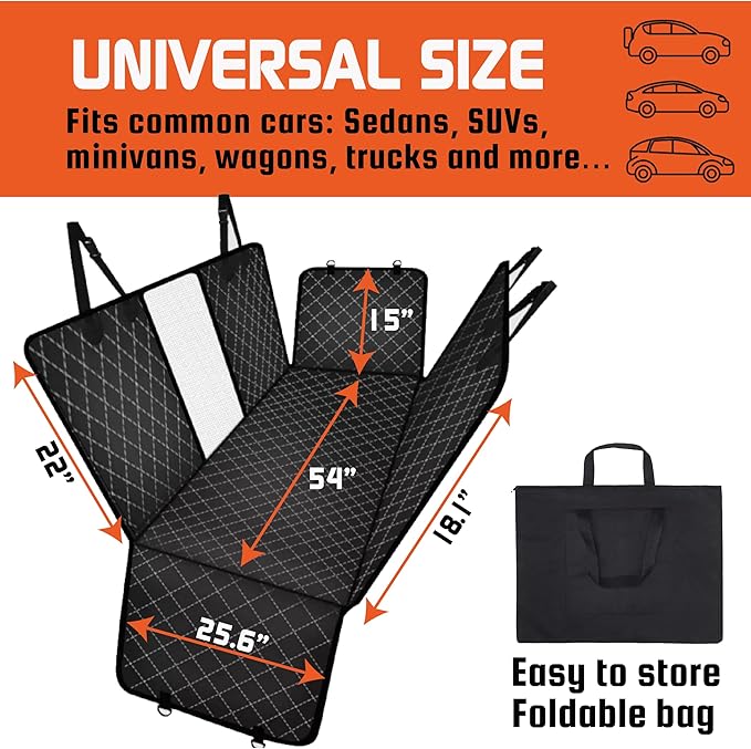 Large Backseat Cover for Dogs. Car Seat Extender with Hard Reinforced Bottom & Mesh. Heavy Duty Hammock. Large Side Flaps- Full Car/SUV Protection- Doors