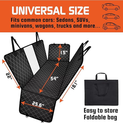 Large Backseat Cover for Dogs. Car Seat Extender with Hard Reinforced Bottom & Mesh. Heavy Duty Hammock. Large Side Flaps- Full Car/SUV Protection- Doors