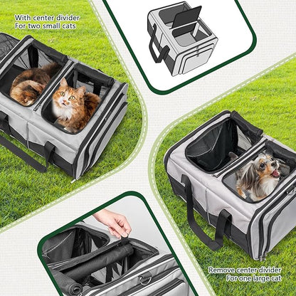 Cat Travel Carrier with Litter Boxes for 2 Cats, Double-Compartment Soft Pet Carrier, Expandable Portable Cat Carrier for Car Travel, up to 35 lb Road Trip, Camping, Hiking, Grey