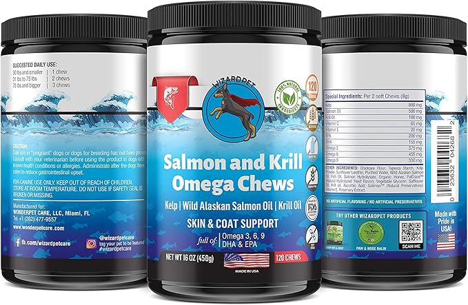 Wild Alaskan Salmon Krill Oil Chews for Dogs - 120 Soft Treats - Omega 3 6 9 Fish Supplement EPA, DHA for Itch-Free Skin Coat Joints - Allergy Relief - Reduce Hair Shedding - Made in USA