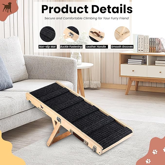 Adjustable Dog Ramp for Small Dogs | 4 Heights (10-17.3") | Folding, Non-Slip Pet Ramp | Durable Wooden Ramp for Low heighted Beds