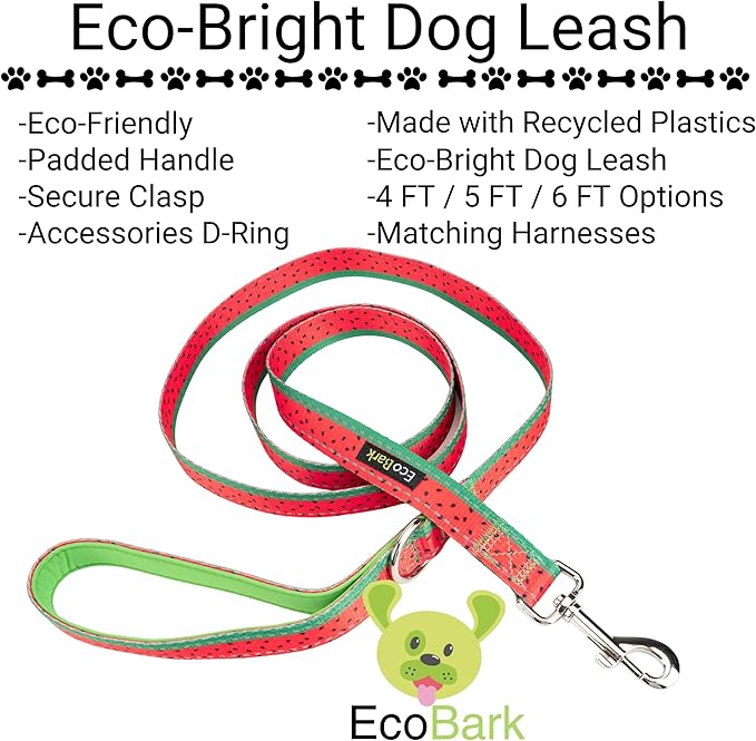 EcoBark Dog Leash - 4 FT / 5 FT / 6 FT Reflective Dog Leash- Eco-Bright Dog Leashes with Padded Handle - Strong Heavy Duty Dog Leash - Nylon Dog Leash for Medium and Large Dogs (Watermelon Dog Leash)