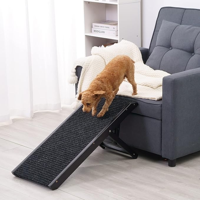 18" Tall Adjustable Pet Ramp - Small Dog Use Only - Wooden Folding Portable Dog & Cat Ramp Perfect for Couch or Bed with Non Slip Carpet Surface - 4 Levels Height Adjustable Up to 90Lbs