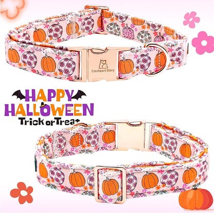 Lionheart glory Premium Halloween Dog Collars Flower Dog Collar Heavy Cotton Adjustable Fall Dog Collar for Small Dogs Pumpkin Dog Collar Flower Dog Collar with Bow Tie