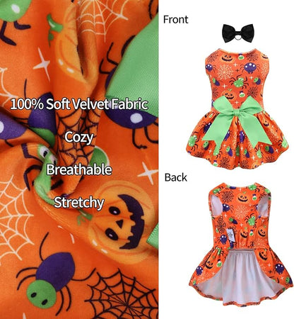 CuteBone Halloween Dog Dresses Velvet Holiday Small Dogs Clothes Onesie Pet Apparel Girl Puppy Skirt with Bow Hair Rope CVA47L
