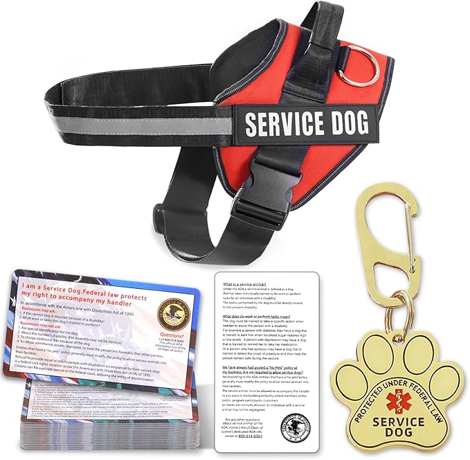 Service Dog Vest, Service Dog Tag and 50 ADA Information Cards,Service Dog Harness in Sizes X Small to XX Large, Ruggedized Metal Tag, Service Animal Information Cards, ESA Accessory Set (Small)