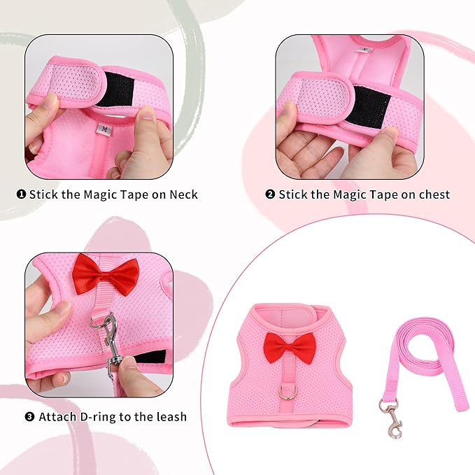 AIITLE Bunny Harness and Leash Set with Cute Bow, Soft Breathable Mesh Vest Harness for Rabbits Kitten Ferret Small Pig Puppy Walking Supplies Pink M