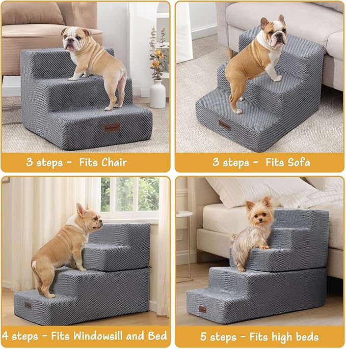 5-Step Dog Stairs to Bed, Dog Steps for High Beds and Couch, Non-Slip Pet Stairs for Small Dogs and Cats,Dog Bed Stairs, Grey, 3/4/5 Steps