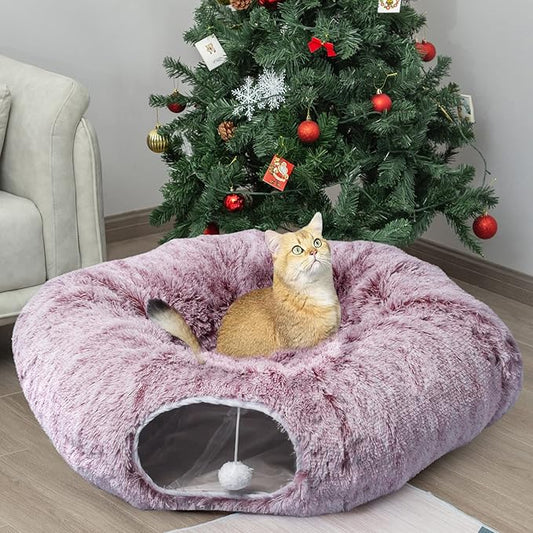 AUOON Cat Tunnel Bed with Central Mat,Big Tube Playground Toys,Soft Plush Material,Full Moon Shape for Kitten,Cat,Puppy,Rabbit,Ferret (Rosiness)