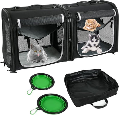 Portable 2-in-1 Pet Carrier, HSSZXFR Double Cat Travel Carrier for Medium Dogs Large Cat, Double Travel Kennel Kit, Dog Travel Crate with Portable Carry Bag, Hammocks, Mats, Pet Bowls for Outdoor