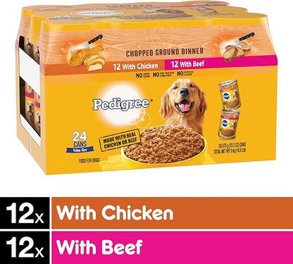 PEDIGREE CHOPPED GROUND DINNER Adult Canned Soft Wet Dog Food Variety Pack, with Chicken and Beef, 13.2 oz. Cans 24 Pack