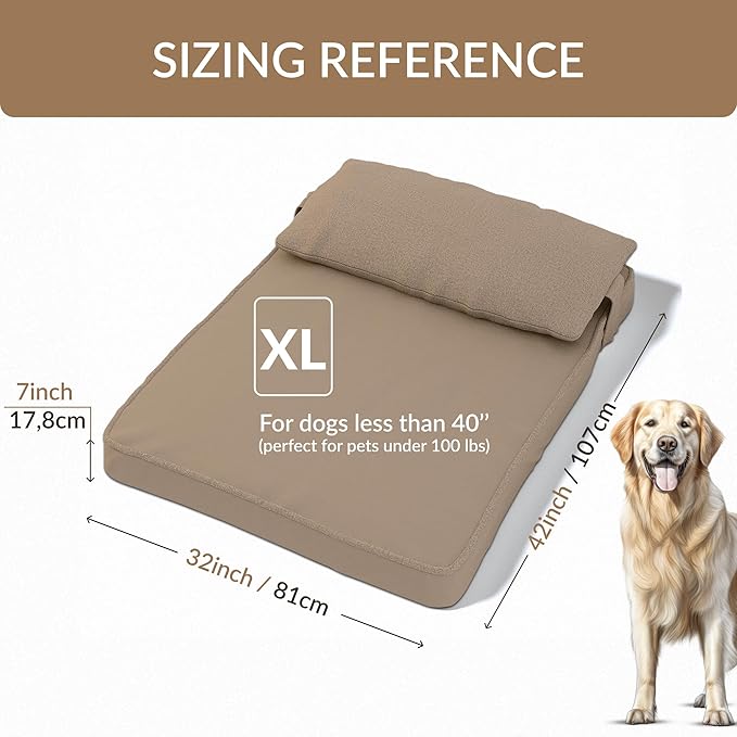 42"x 32" x 7" Washable Dog Bed with Square Pillow and Waterproof Cover, High Density Foam Scratch Proof XL Dog Bed with Orthopedic Support, Ultrasoft Breathable Pet Bed, Camel