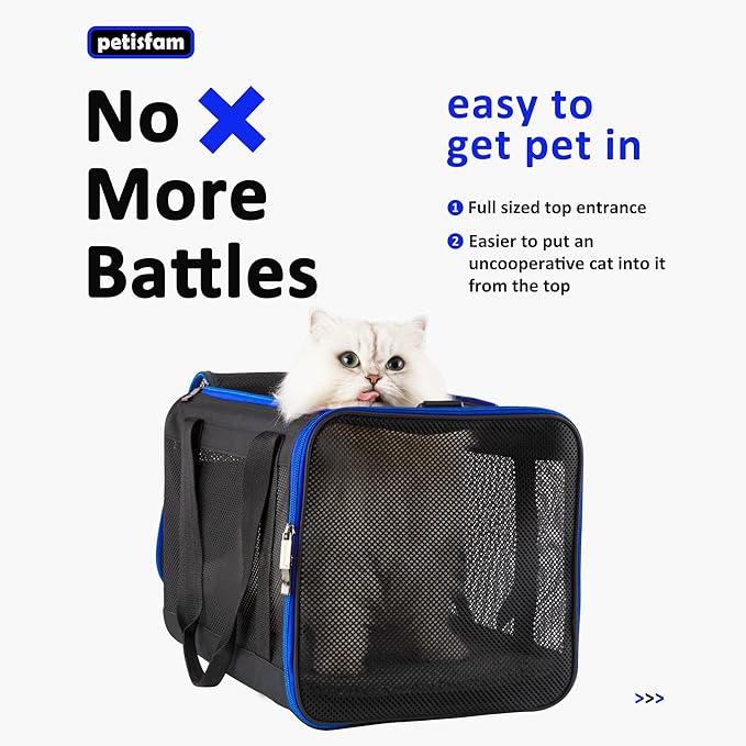 petisfam Easy Load Soft Pet Carrier Bag Cat for Medium, Large Cats, Puppy, Sturdy, Collapsible, Comfy, Black w/Blue Trim, L