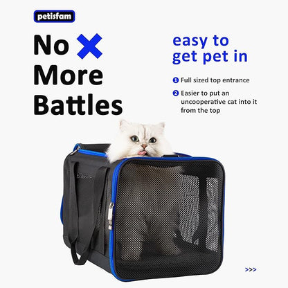 petisfam Easy Load Soft Pet Carrier Bag Cat for Medium, Large Cats, Puppy, Sturdy, Collapsible, Comfy, Black w/Blue Trim, L