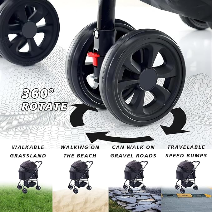Dog Cat Pet Gear Stroller 3-in-1 Folding Lightweight for Small Medium Dog Cat with Detachable Carrier 4 Wheels