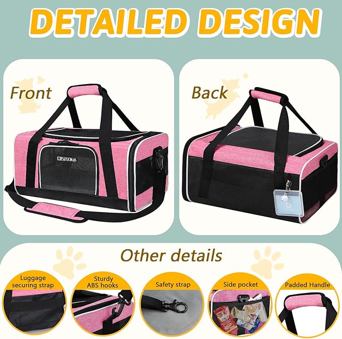 Petskd Pet Carrier 17x13x9.5 Southwest Airline Approved,Pet Travel Carrier Bag for Small Cats and Dogs, Soft Dog Carrier for 1-15 LBS Pets,Dog Cat Carrier with Safety Lock Zipper (Pink)