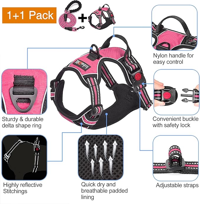 tobeDRI No Pull Dog Harness Adjustable Reflective Oxford Easy Control Medium Large Dog Harness with A Free Heavy Duty 5ft Dog Leash (S (Neck: 13"-18" 17.5"-22"), Pink