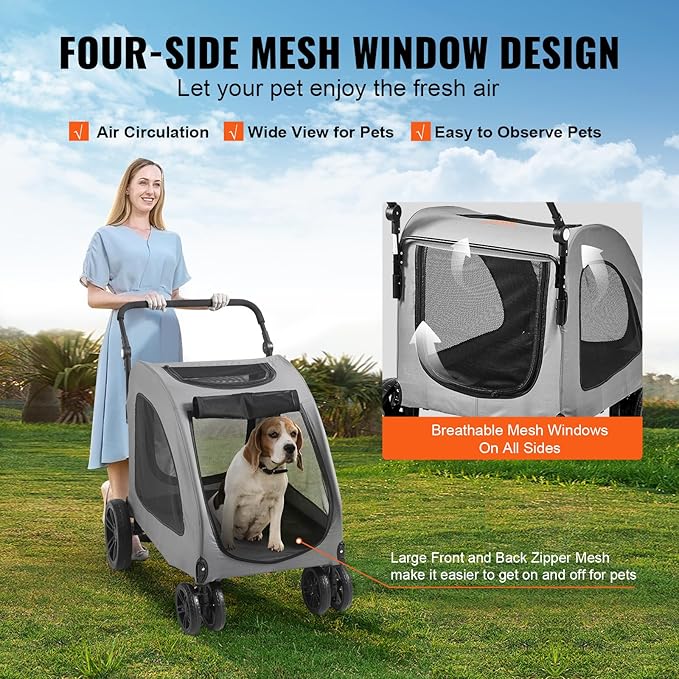 VEVOR Extra Large Dog Stroller for Dogs Up to 160lbs 4 Wheel 2 Dogs