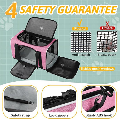 Petskd Pet Carrier 17x13x9.5 Southwest Airline Approved,Pet Travel Carrier Bag for Small Cats and Dogs, Soft Dog Carrier for 1-15 LBS Pets,Dog Cat Carrier with Safety Lock Zipper (Pink)