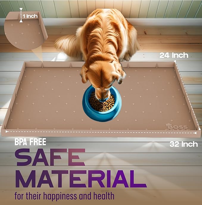 32x24x1” XL Dog Food Mat - All Purpose Silicone Pet Food Mat, Cat Litter Mat, Under Sink Mat - Raised Edges Dog Mat for Food and Water Prevent Spill, Waterproof Cat Food Mat Protect Floors