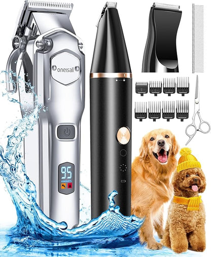 oneisall Dog Grooming Kit for Heavy Thick Hair&Coats/Low Noise Rechargeable Cordless Pet Shaver with Stainless Steel Blade and Dog Paw Trimmer/Waterproof Dog Shaver for Dogs Pets Animals