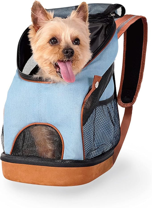 ibiyaya - Airline Approved Pet Carrier for Small to Medium Dogs and Cats - Dog Backpack Carrier, Breathable Mesh Material with Magnetic Buttons, Side Pockets, and Auto-Lock Zipper - Light Denim Blue