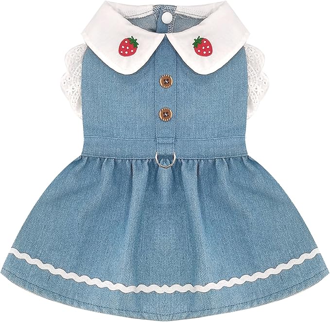 Denim Dog Dress for Small Dogs Cats Cute Girl Dog Clothes Cute Strawberry Female Pet Dresses Spring Summer Pet Outfits for Chihuahua Yorkie Shih Tzu(Light Blue,X-Large)