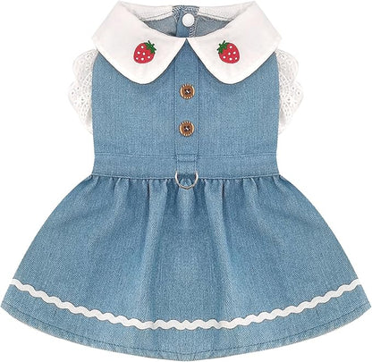 Denim Dog Dress for Small Dogs Cats Cute Girl Dog Clothes Cute Strawberry Female Pet Dresses Spring Summer Pet Outfits for Chihuahua Yorkie Shih Tzu(Light Blue,X-Large)