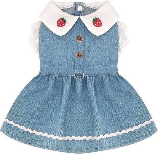 Denim Dog Dress for Small Dogs Cats Cute Girl Dog Clothes Cute Strawberry Female Pet Dresses Spring Summer Pet Outfits for Chihuahua Yorkie Shih Tzu(Light Blue,X-Large)