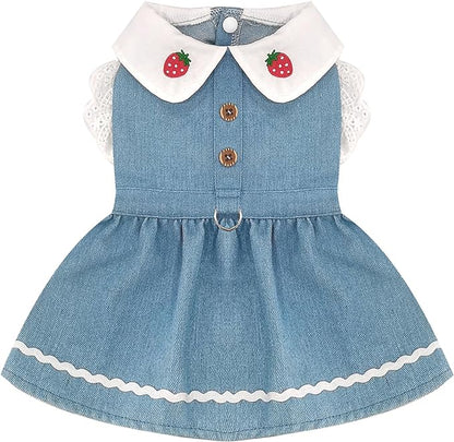 Denim Dog Dress for Small Dogs Cats Cute Girl Dog Clothes Cute Strawberry Female Pet Dresses Spring Summer Pet Outfits for Chihuahua Yorkie Shih Tzu(Light Blue,X-Large)