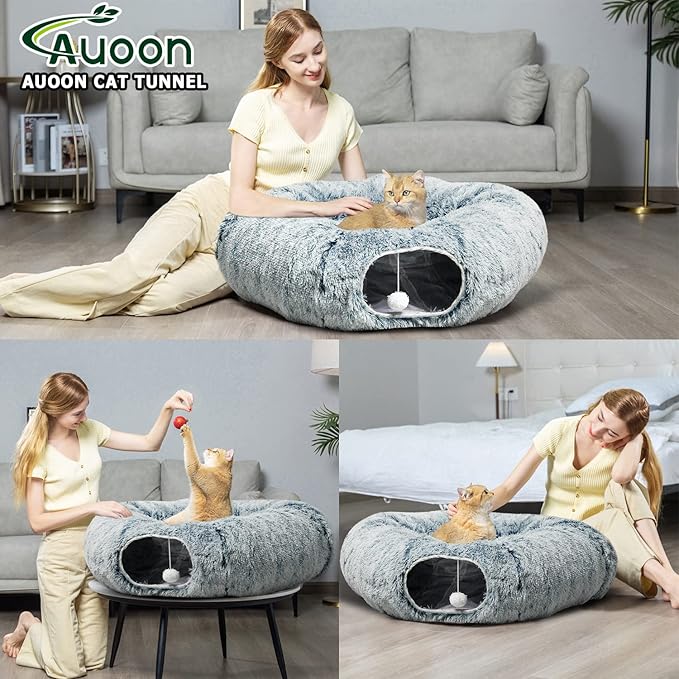 AUOON Cat Tunnel Bed with Central Mat,Big Tube Playground Toys,Soft Plush Material,Full Moon Shape for Kitten,Cat,Puppy,Rabbit,Ferret (Gray)