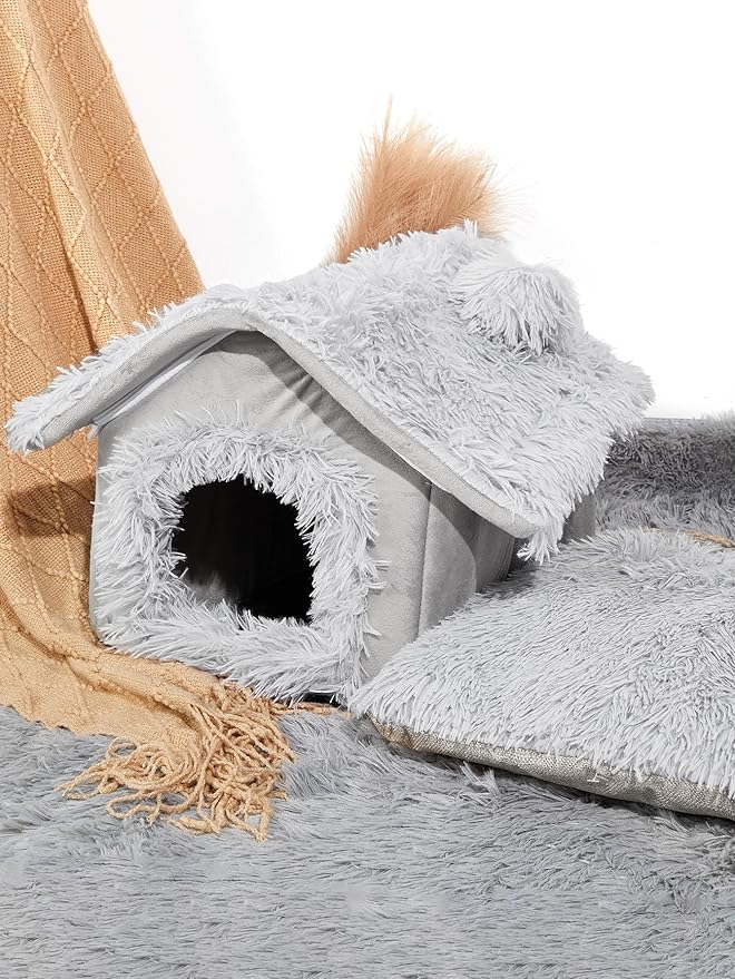 QWINEE Plush Cat Dog Bed Pet Tent Cave