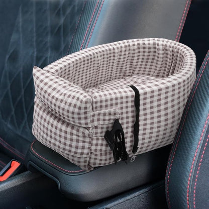 X AUTOHAUX Plaid Style Dog Car Seat Adjustable Straps for Medium Small Sized Puppy Cat Seat Pets Soft Non Slip Bottom Travel Bed Brown White