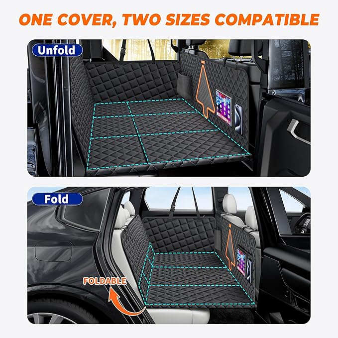 XL Dog Car Back Seat Cover for Trucks,Large Truck Backseat Extender with 6 Foldable Board, Pet Hammock Hard Bottom Bed Waterproof for Full Size Crew Cab Car Like F150 RAM 1500, Silverado,Black