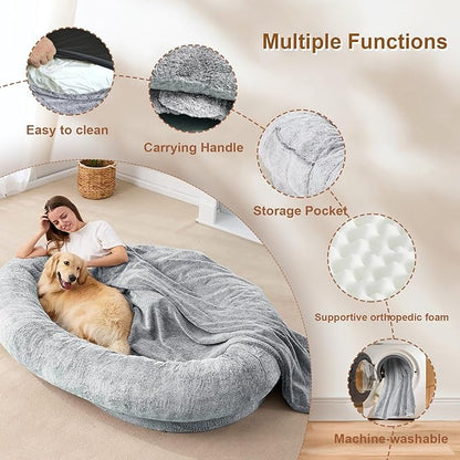 ZIKEE Human Dog Bed for Adults, 72"x48"x12" Giant Dog Beds for Humans, Warm & Comfortable Human Sized Dog Bed, Faux Fur Plush Dog Bed with Pillow, Blanket - Grey