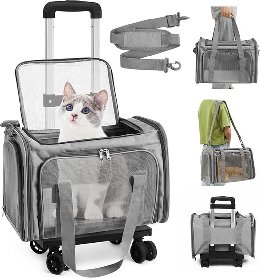 Paterr Cat Carrier with Wheels Pet Carrier with Wheels, Airline Approved Pet Carrier for 18 Lbs Cats Dogs Foldable Breathable Cat Small Animals Travel Carrier for Flight Camping Outdoor