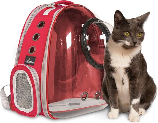 LaLuz2021 Cat Backpack Carrier Pet Bag- Expandable Tent Double Bubble Capsule Backpacks - Plush mat with Bonus Hook and Loop Fasterner and Built-in Leash Clip - Red