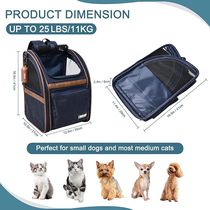 JESPET & GOOPAWS Pet Carrier Backpack for Dogs and Cats, Collapsible with Breathable Mesh Dog Backpack, for Hiking Travel Camping Outdoor Hold Pets Up to 25 Lbs (Navy Blue)