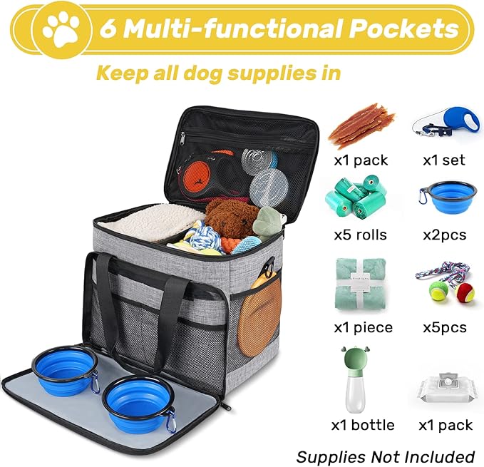 6 Set Dog Travel Bag, Large Pet Travel Kit for Supplies Includes 2 Food Containers, 1 Travel Organizer for Dogs, 2 Collapsible Bowls, 1 Treat Pouch, Dog Weekend Overnight Travel Bag Luggage